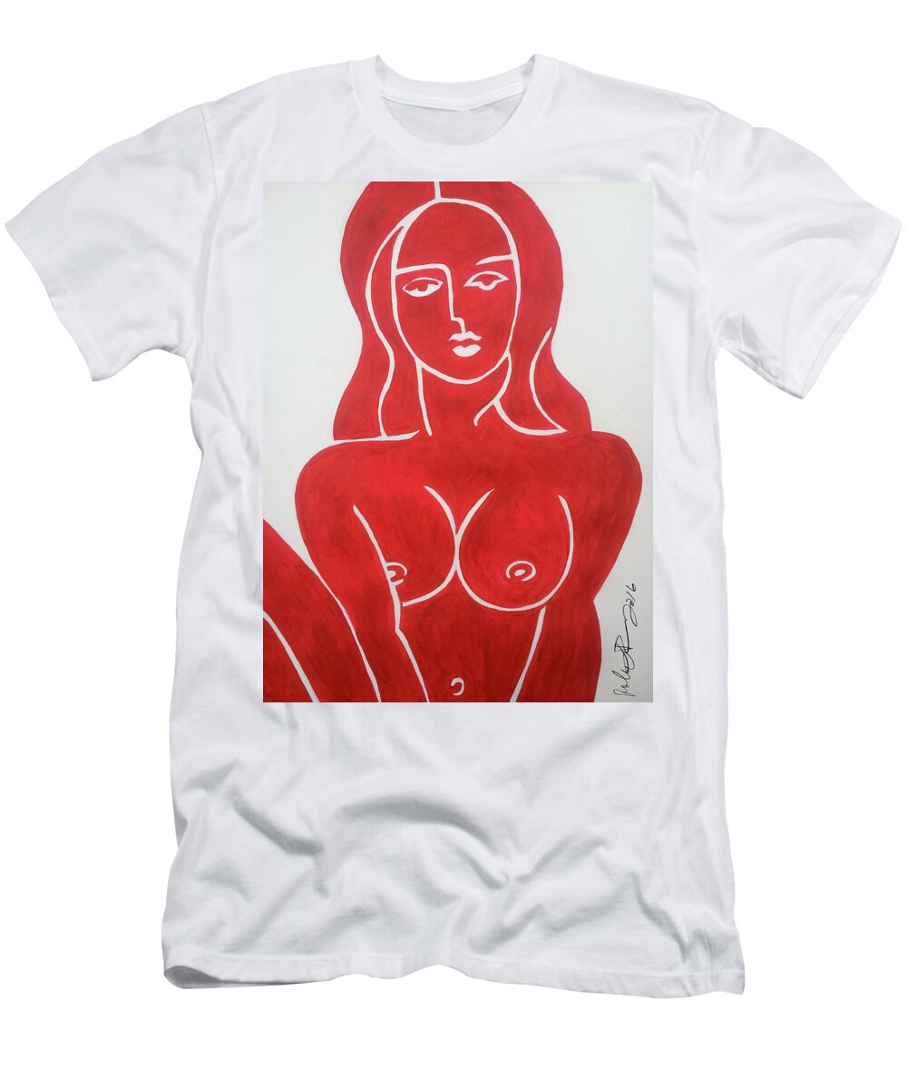 Nude Girl T-Shirt featuring the painting The Lady in Red Erotic Nude Female Woman by Robert R Splashy Art Abstract Paintings