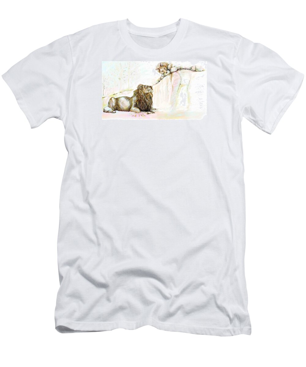 Lion T-Shirt featuring the painting The Lion and The Fox 1 - The First Meeting by Sukalya Chearanantana