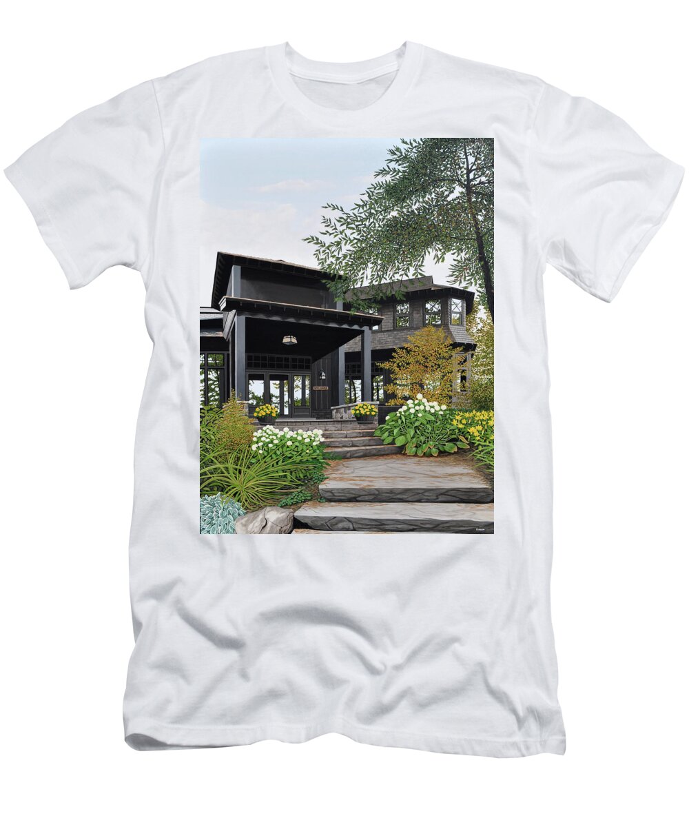 Muskoka T-Shirt featuring the painting The Lodge at Fawn Island by Kenneth M Kirsch