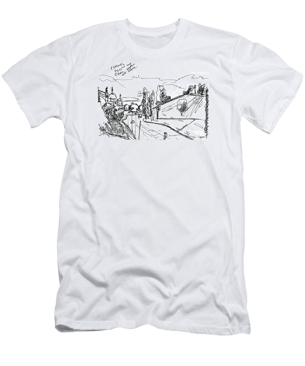 Croquis T-Shirt featuring the drawing The Mist At The River Oka. 1 Septemper, 2015 by Tasha Chernyavskaya