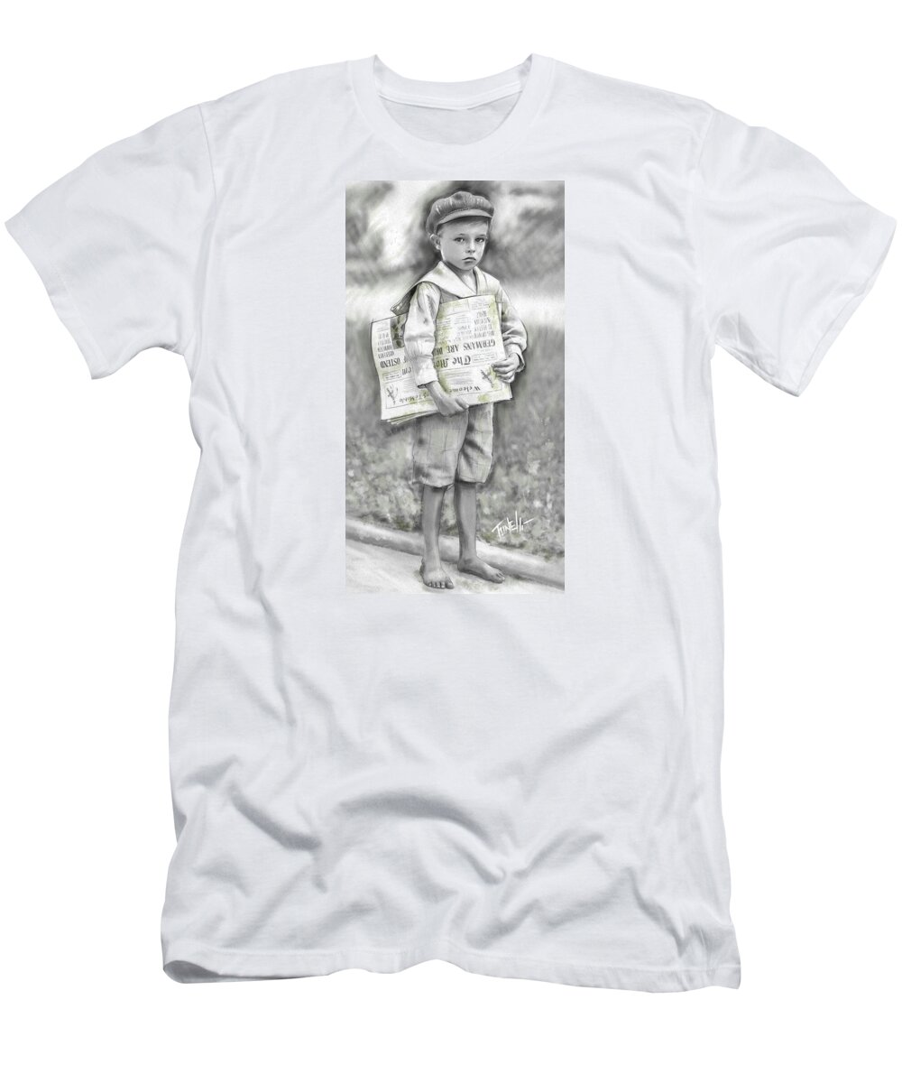 World War 2 T-Shirt featuring the mixed media World War 2 Paperboy by Mark Tonelli