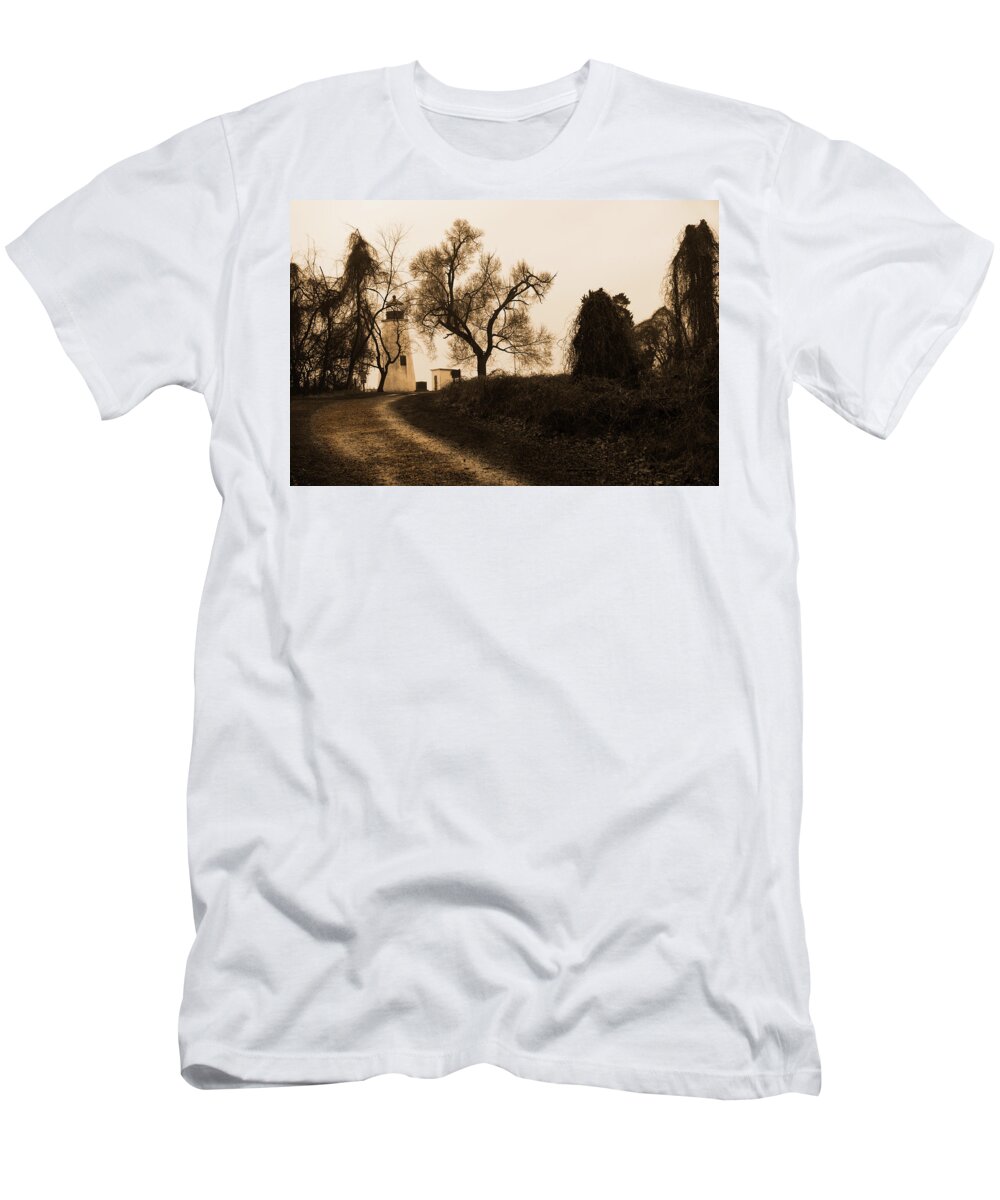 Black And White T-Shirt featuring the photograph The road to Turkey Point Lighthouse by Dennis Dame
