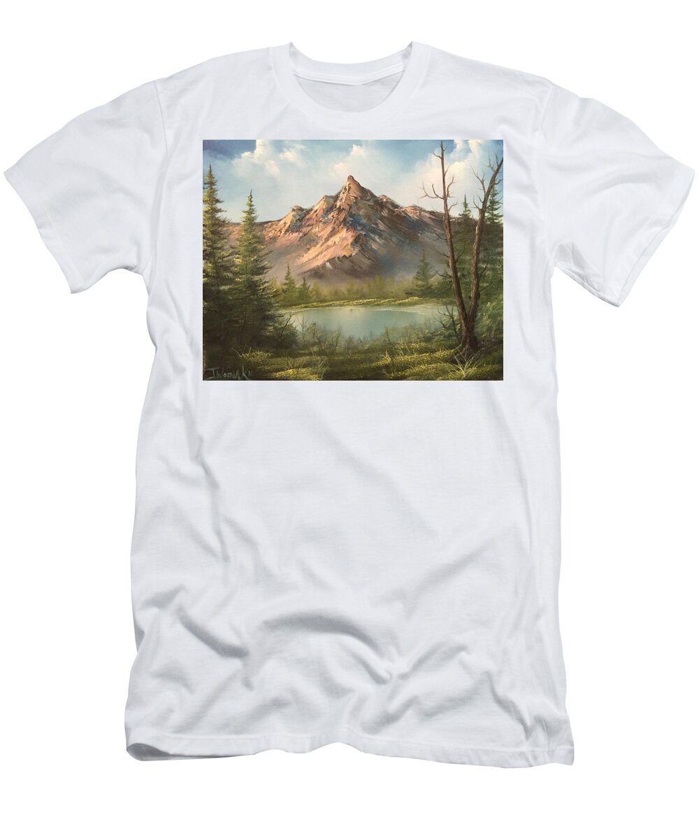 Landscape Mountain Summit Foothill Trees Sky Beauty Clouds Water Lake River Stream Valley Oak Tree Evergreen Pine T-Shirt featuring the painting The summit by Justin Wozniak