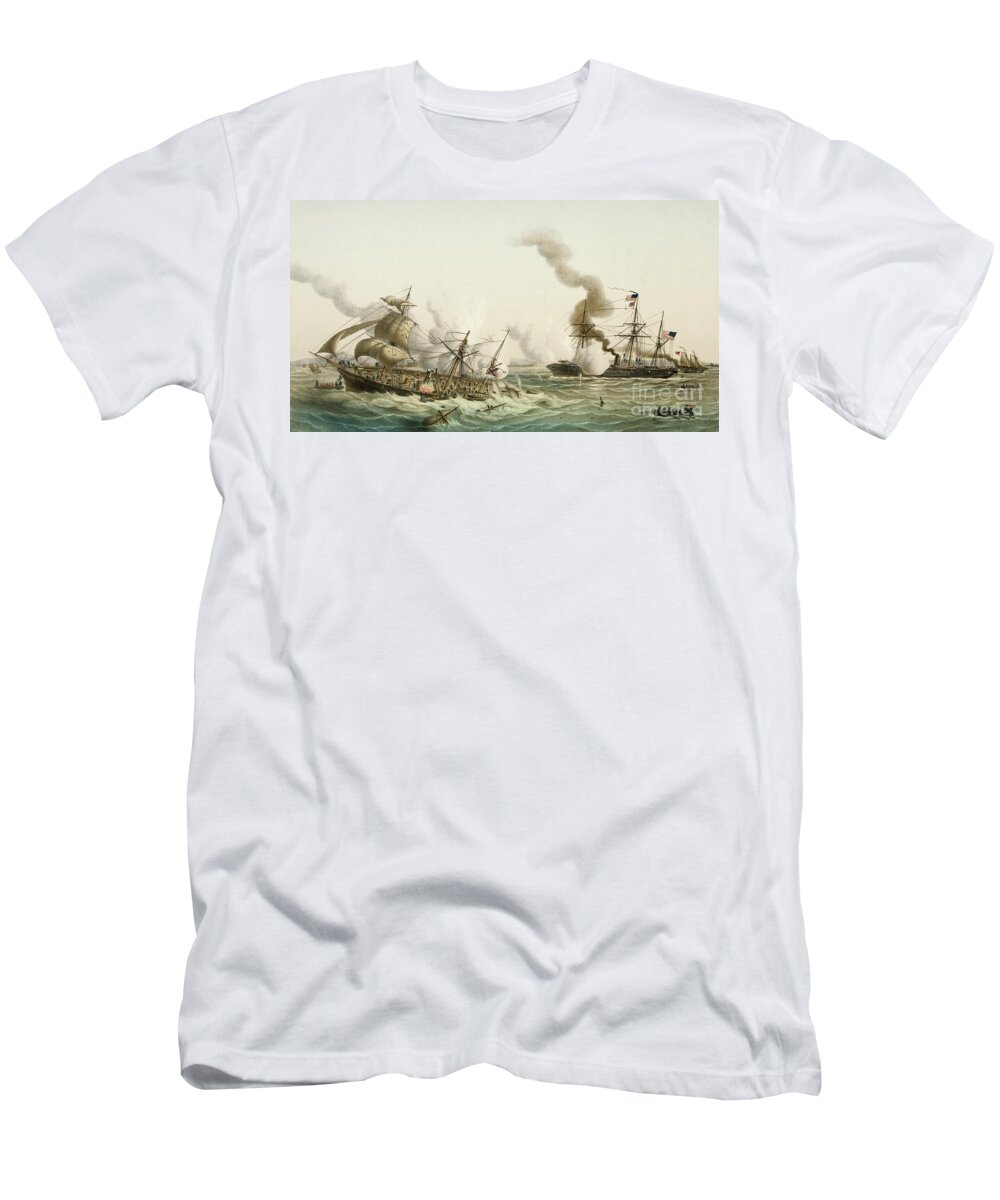 Kearsage T-Shirt featuring the painting The USS Kearsage of the Union Navy sinks the Confederate raider CSS Alabama by Louis Lebreton
