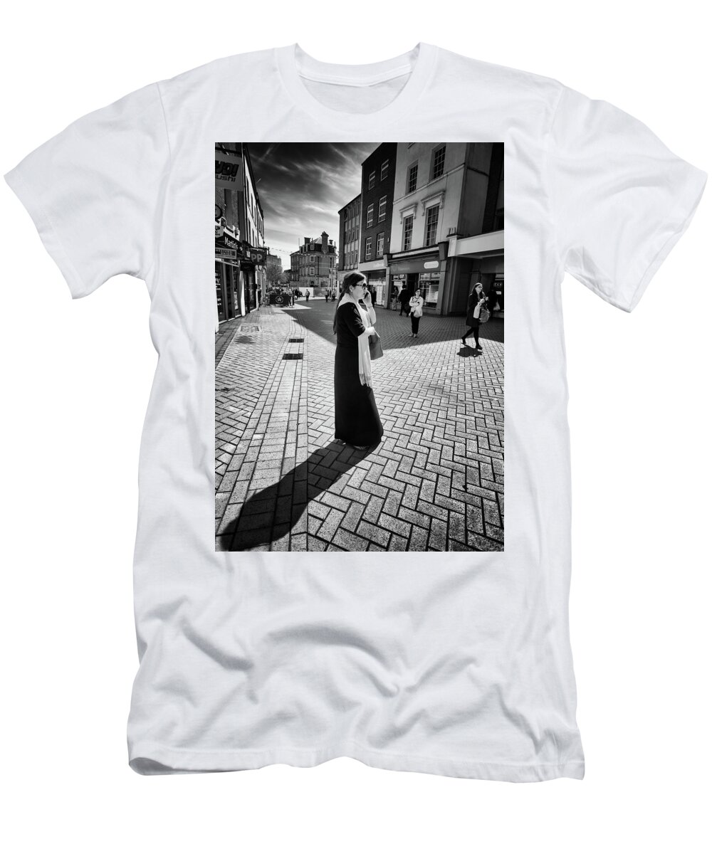 Women T-Shirt featuring the photograph The Woman Her Phone and Diagonal Shadow by John Williams