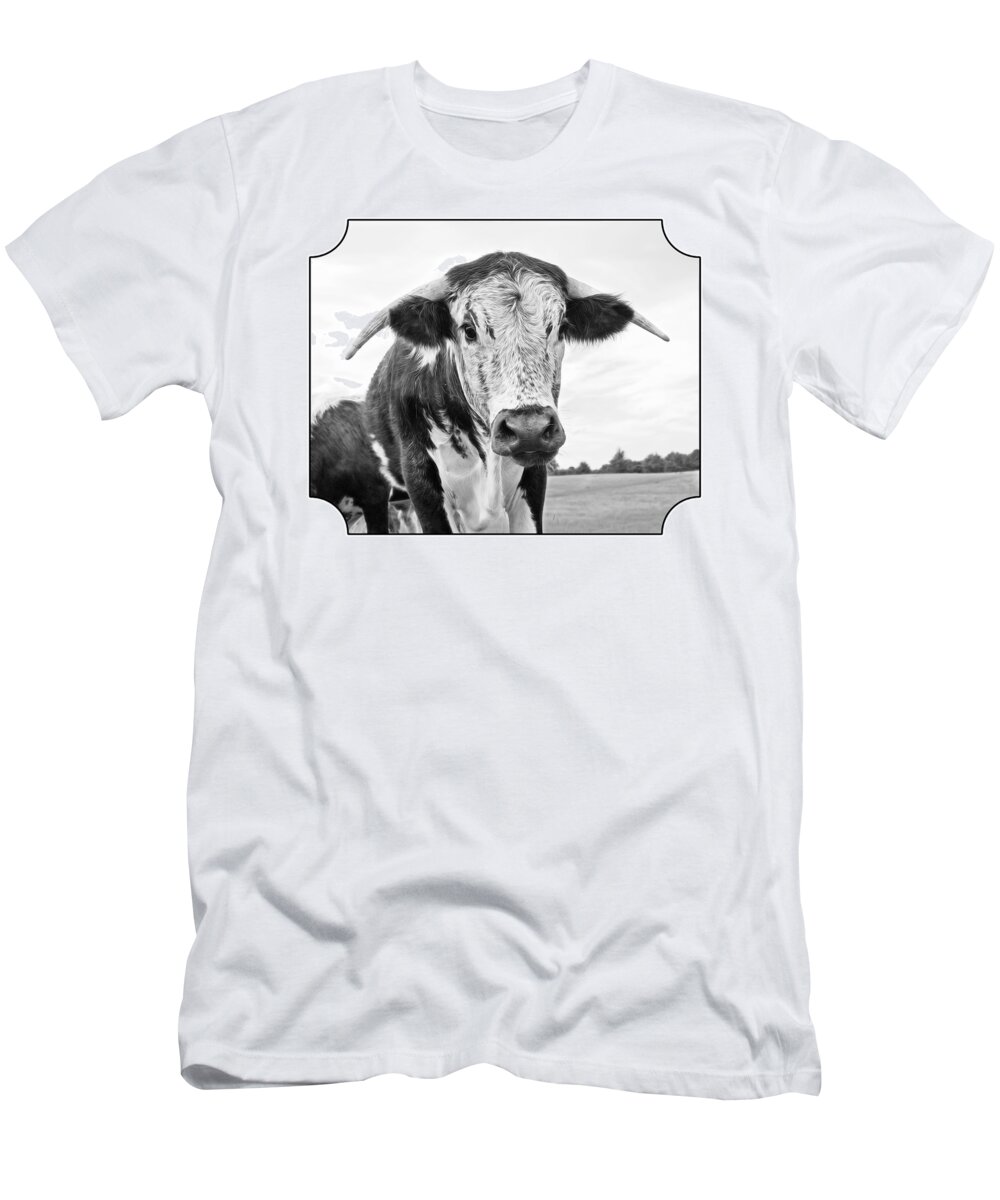 English Longhorn Cow T-Shirt featuring the photograph This Is My Field - Black and White by Gill Billington