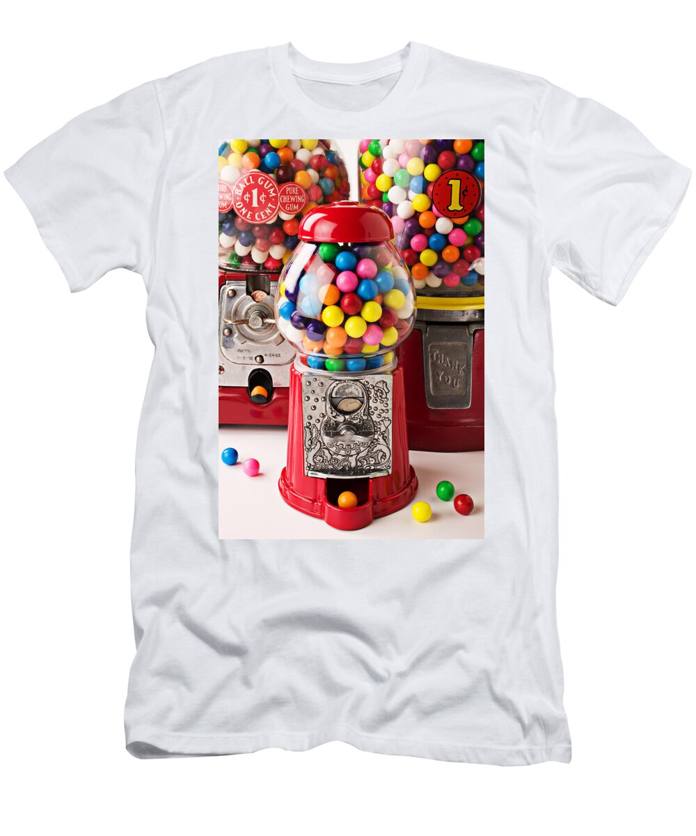 Gum; Bubble Gum; Machine; Vendor; Old Fashion; Antique T-Shirt featuring the photograph Three bubble gum machines by Garry Gay