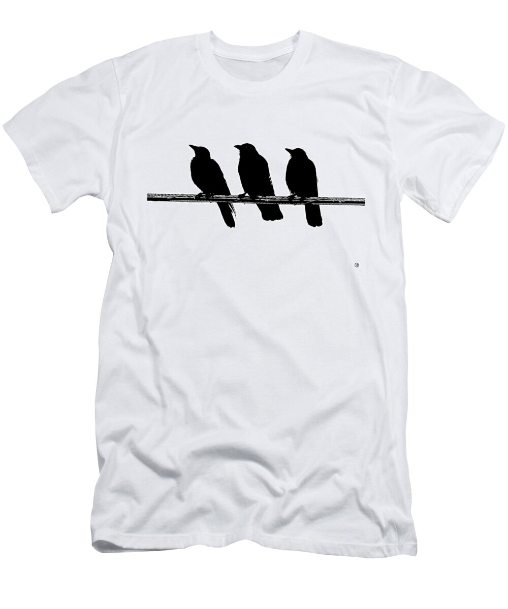 Birds T-Shirt featuring the digital art Three Crow Cable Red Eyed by Gary Olsen-Hasek