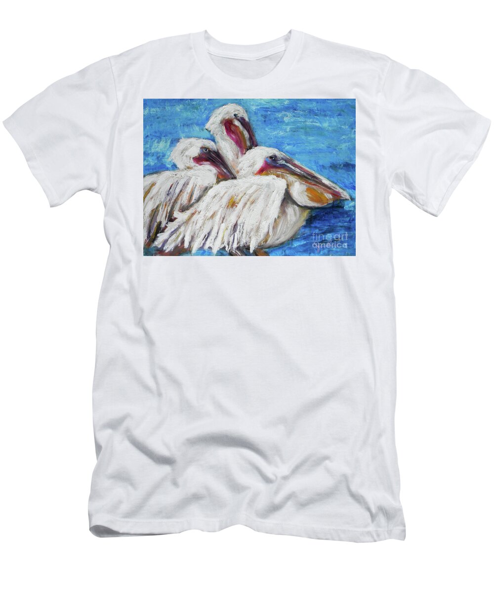 Pelican T-Shirt featuring the painting Three White Pelicans by JoAnn Wheeler