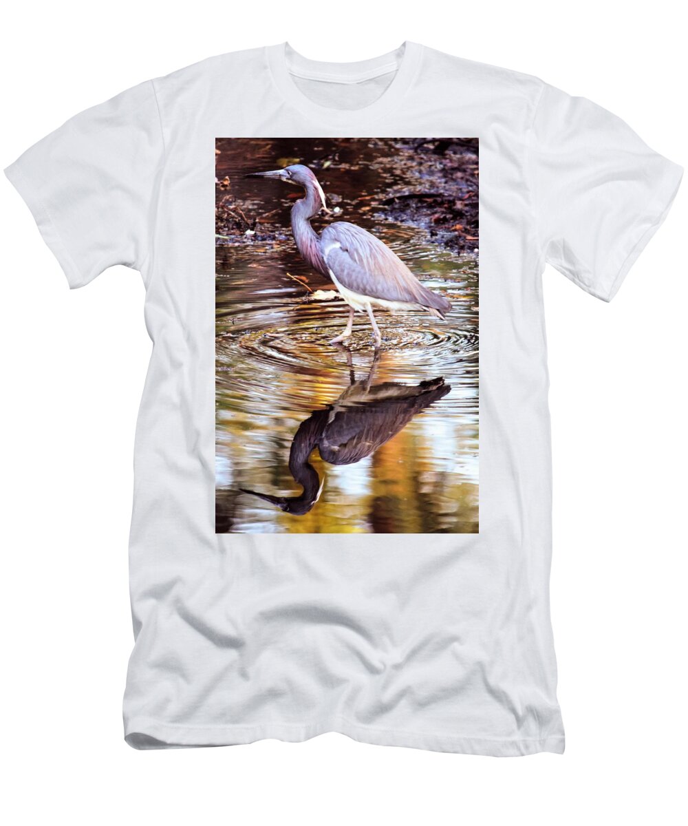 Tricolored Heron T-Shirt featuring the photograph Time for Reflection in Hilton Head by Mary Ann Artz