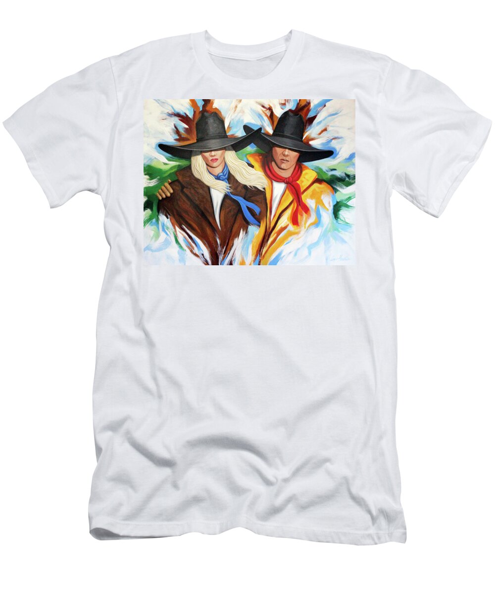 Cowgirl And Cowboy T-Shirt featuring the painting Together Always by Lance Headlee