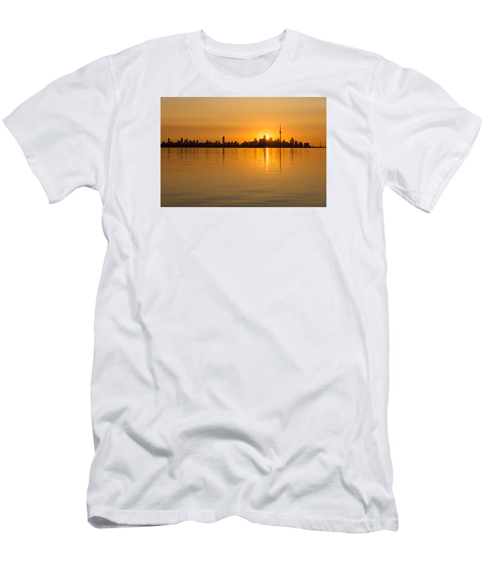 Georgia Mizuleva T-Shirt featuring the photograph Toronto Skyline - Three Suns Over Liquid Silk by Georgia Mizuleva