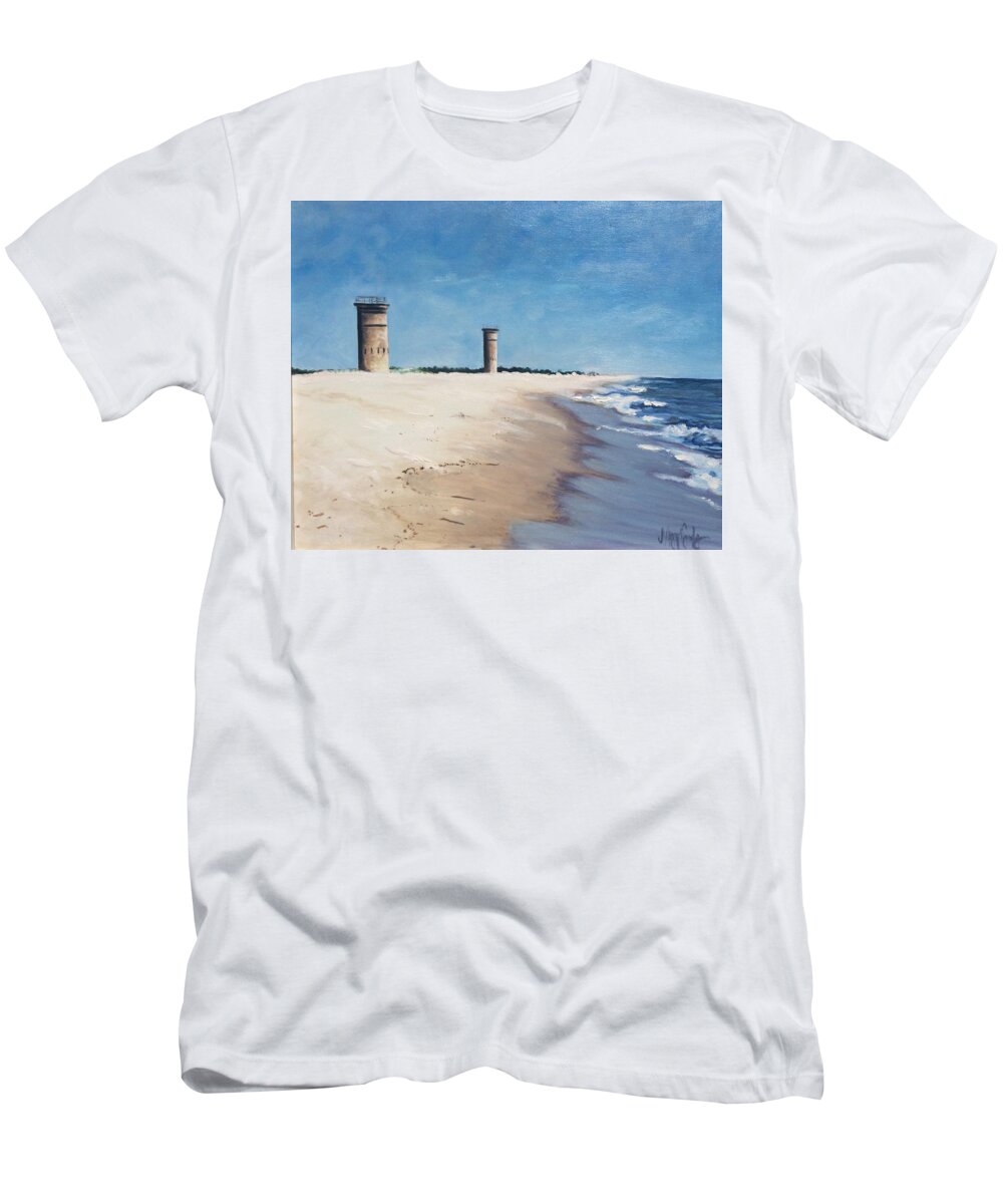 Ocean Atlantic Rehoboth Beach Delaware T-Shirt featuring the painting Towers by Maggii Sarfaty