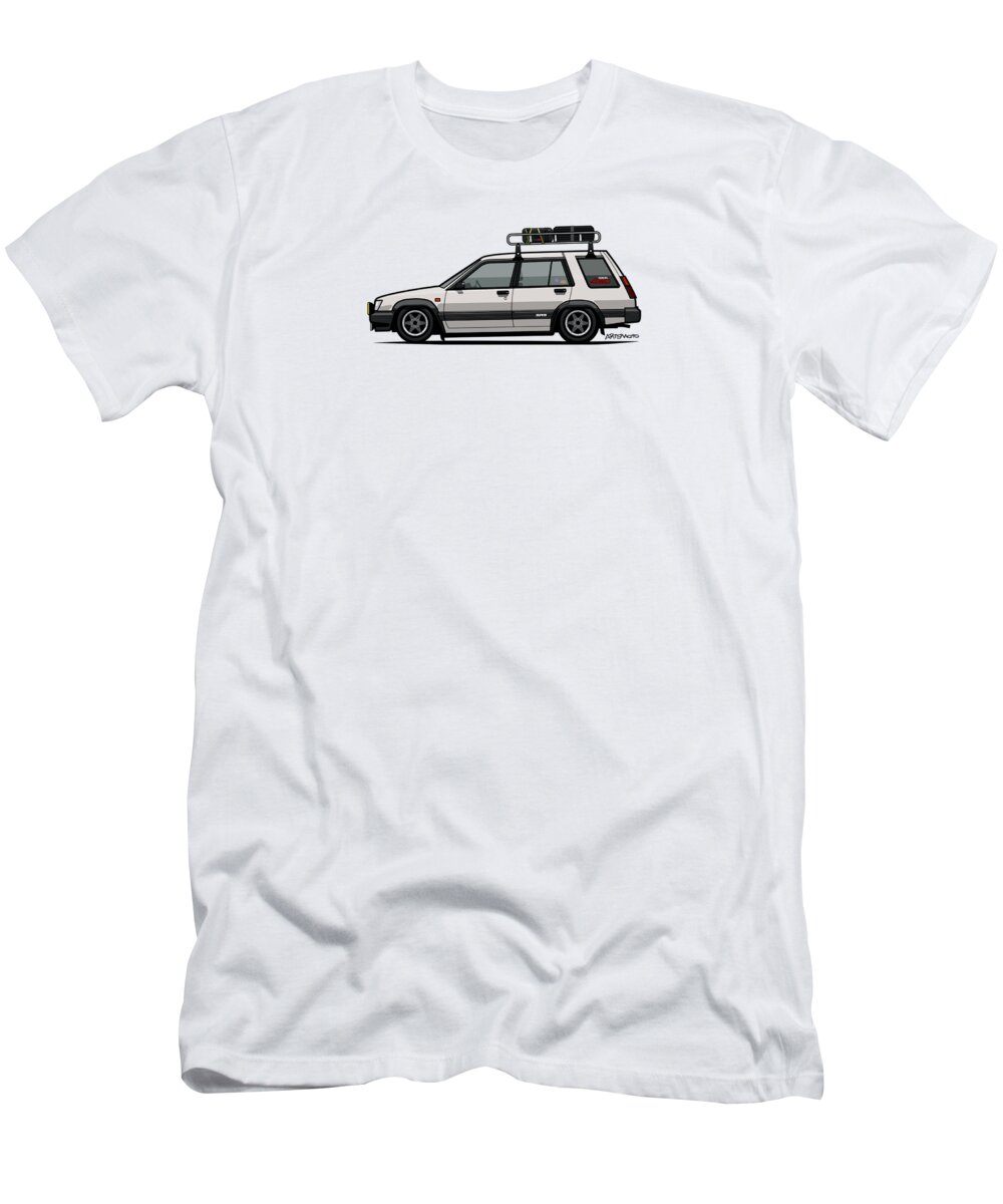 Car T-Shirt featuring the digital art Toyota Tercel SR5 4WD Slammed Wagon AL25 white by Tom Mayer II Monkey Crisis On Mars