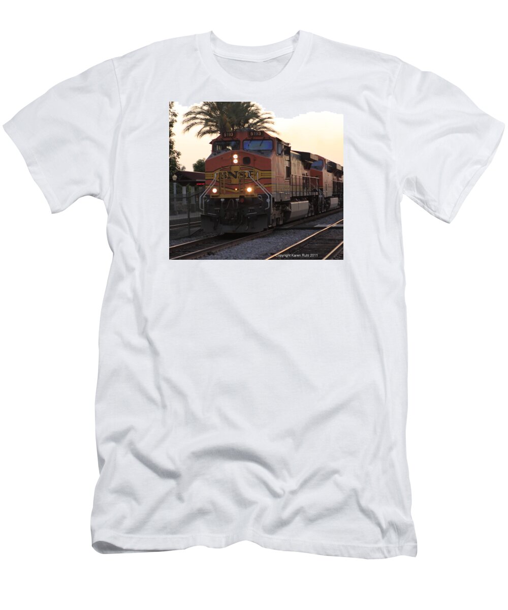 Train T-Shirt featuring the photograph Train at sunset by Karen Ruhl