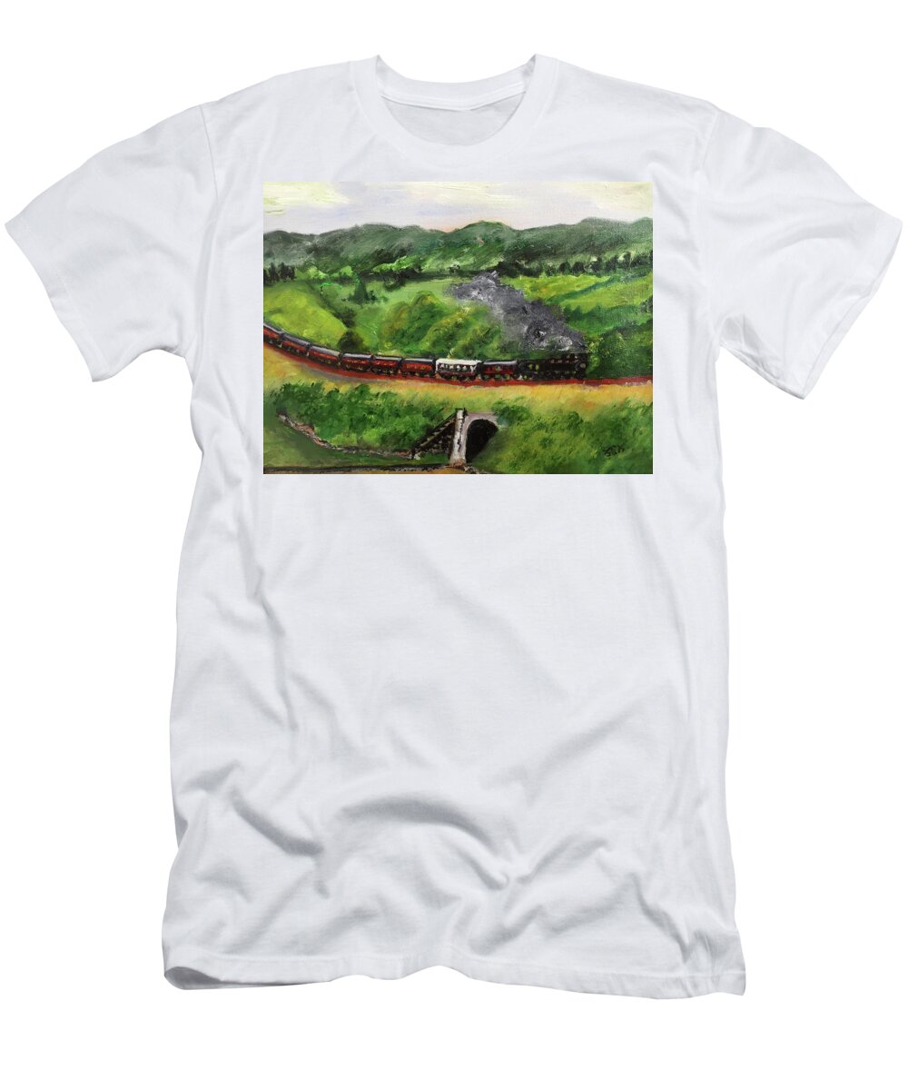 Train T-Shirt featuring the painting Train in the Country by Lucille Valentino