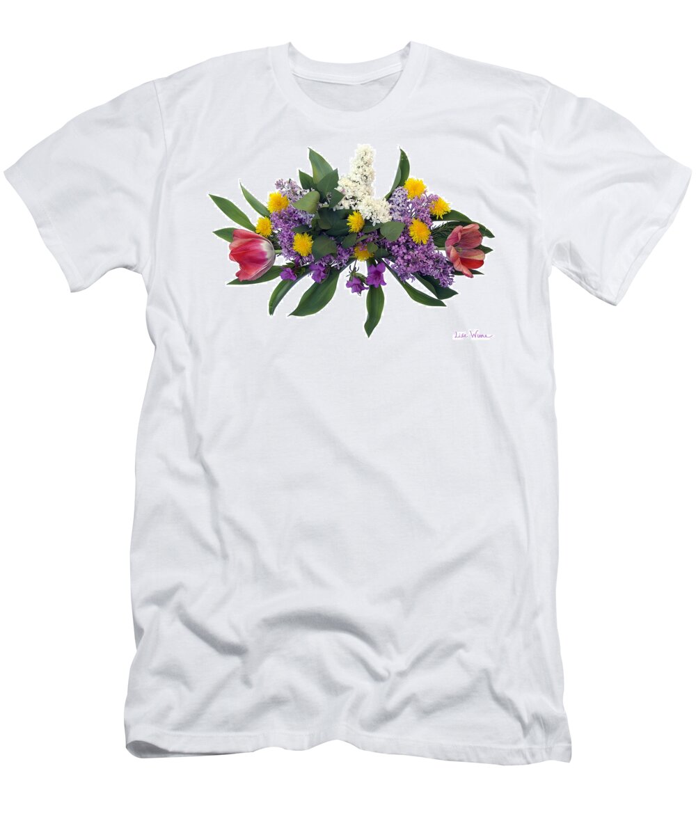 Tulips T-Shirt featuring the digital art Tulip Lilac and Dandelion Bouquet by Lise Winne