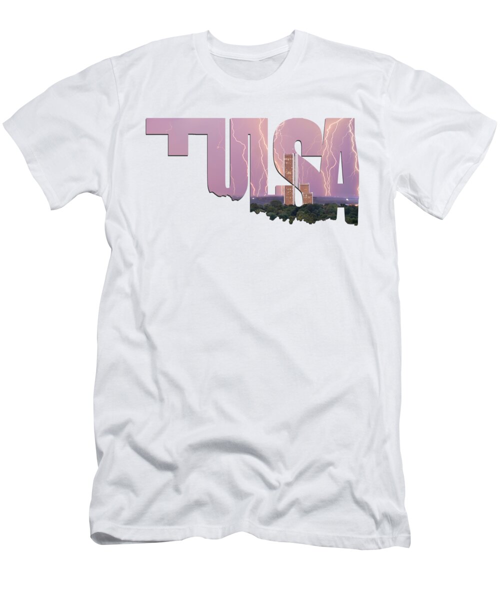 Tulsa T-Shirt featuring the photograph Tulsa Oklahoma Letters Typographic - Electric Night - Cityplex Towers by Gregory Ballos