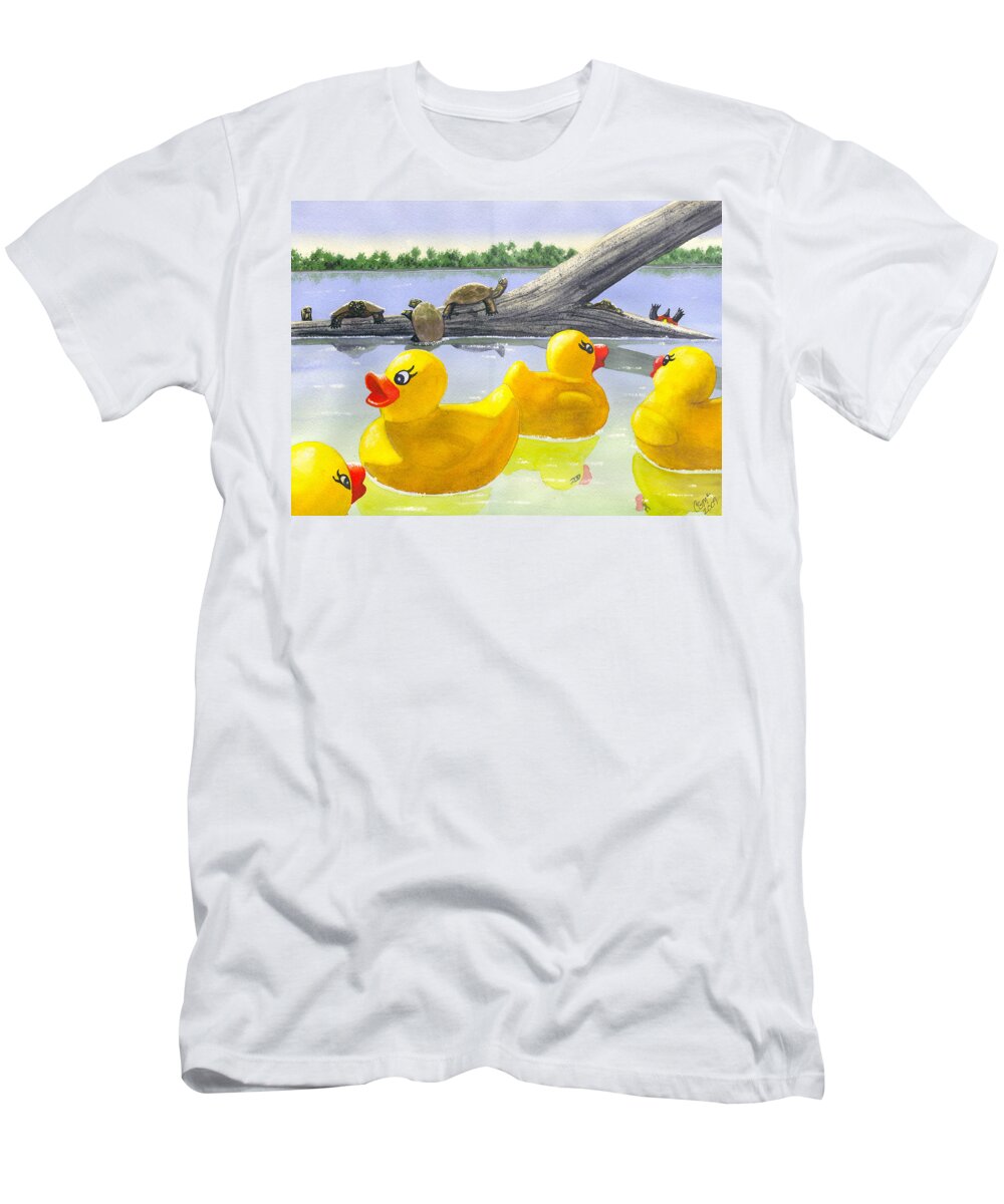 Rubber Ducky T-Shirt featuring the painting Turtle Log by Catherine G McElroy