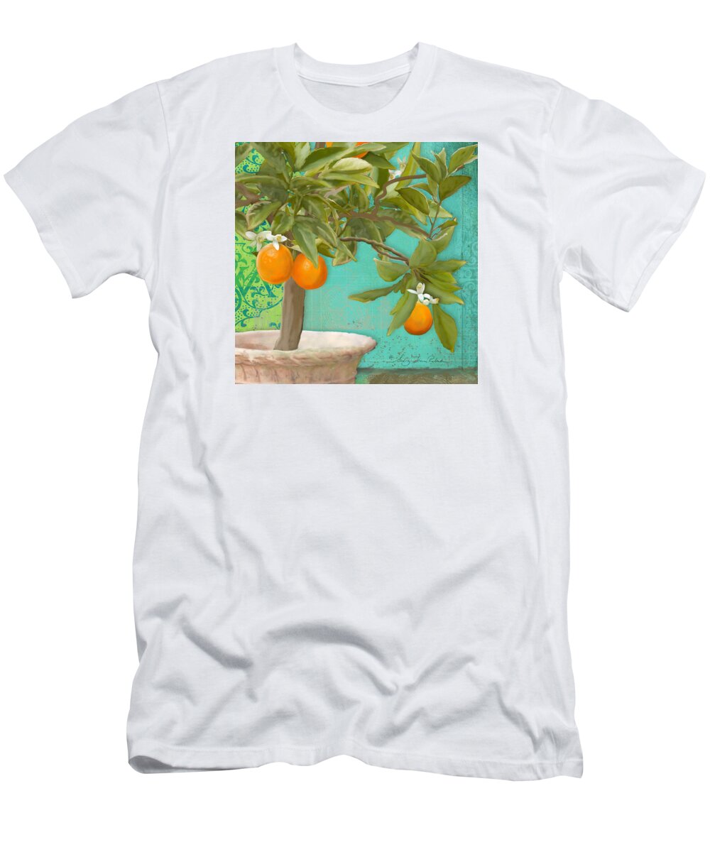 Tuscan T-Shirt featuring the painting Tuscan Orange Topiary - Damask Pattern 3 by Audrey Jeanne Roberts