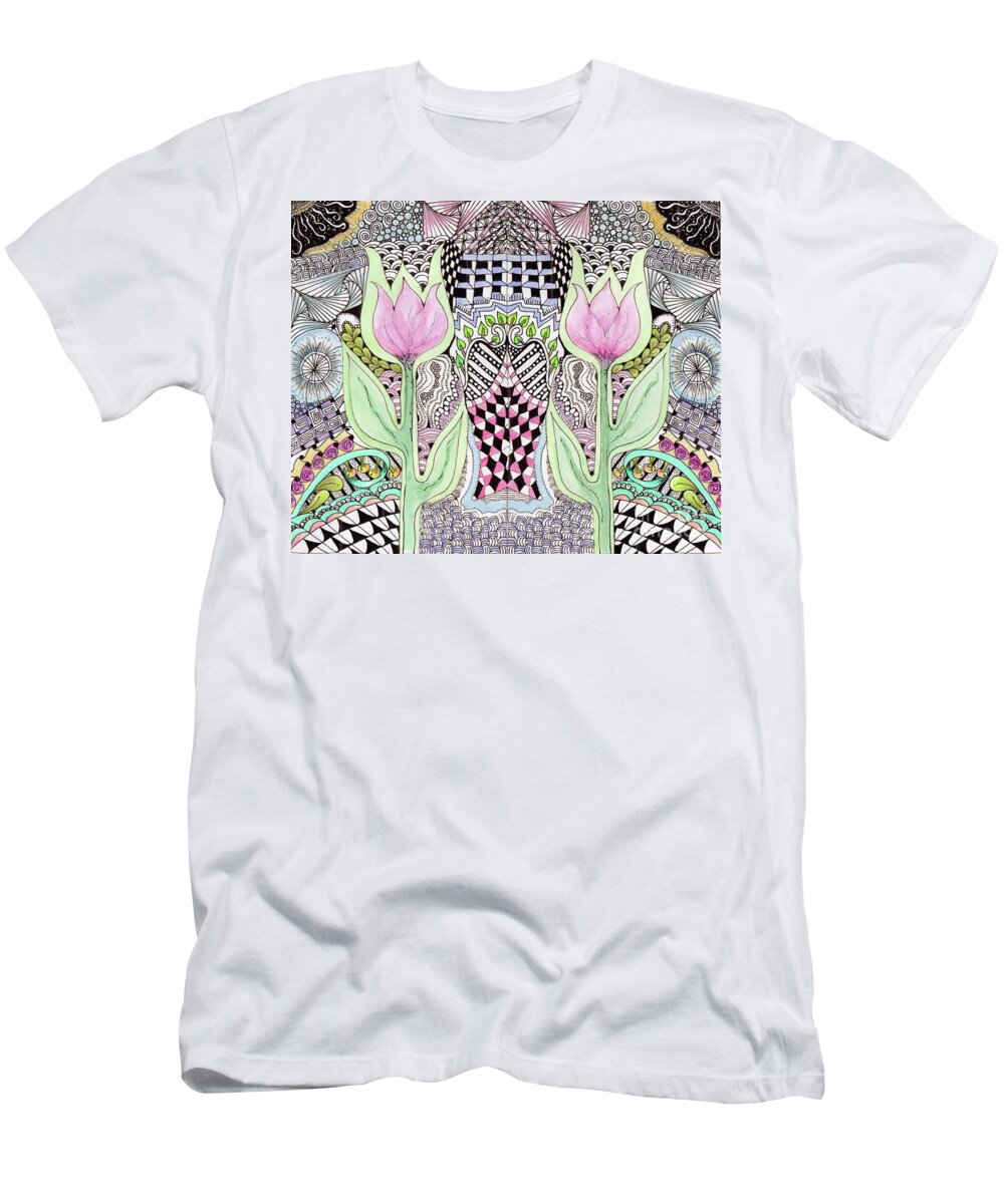 Tulips Flowers Watercolors Pen And Ink Zentangle Designs T-Shirt featuring the painting Two Tulips by Ruth Dailey