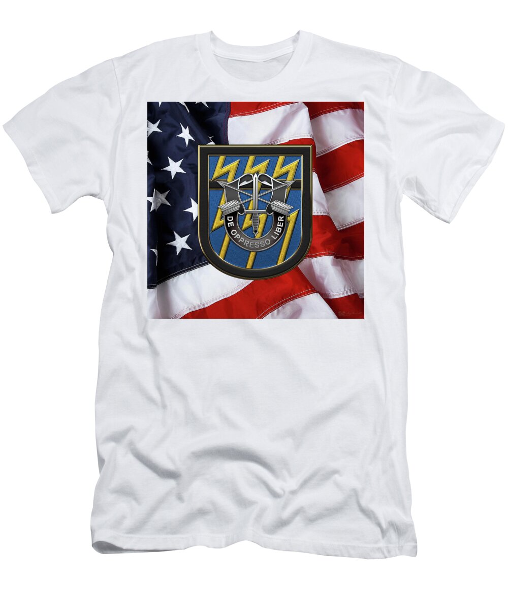 'u.s. Army Special Forces' Collection By Serge Averbukh T-Shirt featuring the digital art U. S. Army 12th Special Forces Group - 12 S F G Beret Flash over American Flag by Serge Averbukh