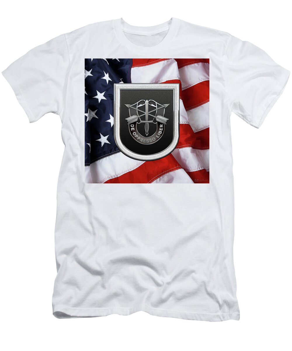 'u.s. Army Special Forces' Collection By Serge Averbukh T-Shirt featuring the digital art U. S. Army 5th Special Forces Group - 5 S F G Beret Flash over American Flag by Serge Averbukh