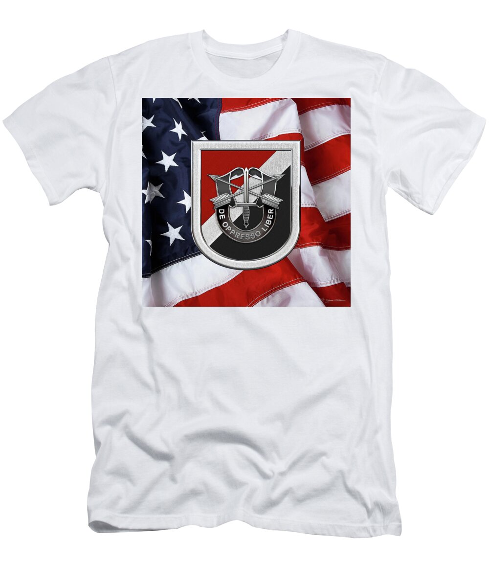 'u.s. Army Special Forces' Collection By Serge Averbukh T-Shirt featuring the digital art U. S. Army 6th Special Forces Group - 6th S F G Beret Flash over American Flag by Serge Averbukh