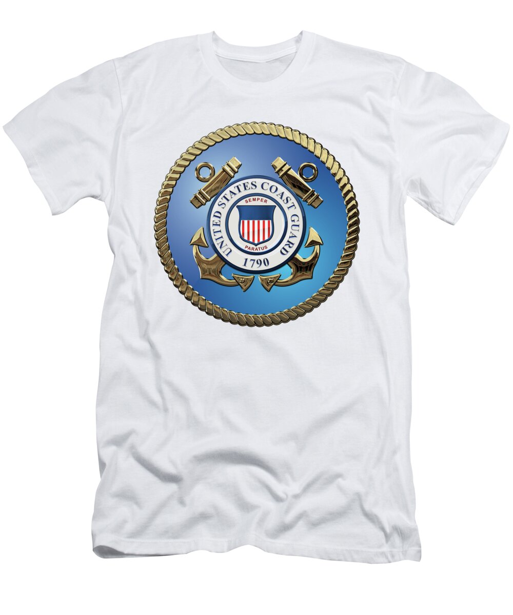 'military Insignia & Heraldry 3d' Collection By Serge Averbukh T-Shirt featuring the digital art U. S. Coast Guard - U S C G Emblem over White Leather by Serge Averbukh