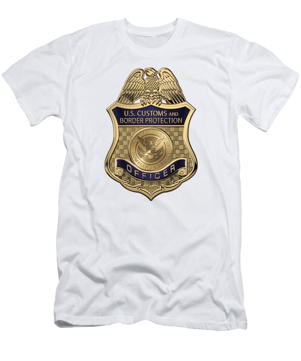 'law Enforcement Insignia & Heraldry' Collection By Serge Averbukh T-Shirt featuring the digital art U. S. Customs and Border Protection - C B P Officer Badge over White Leather by Serge Averbukh