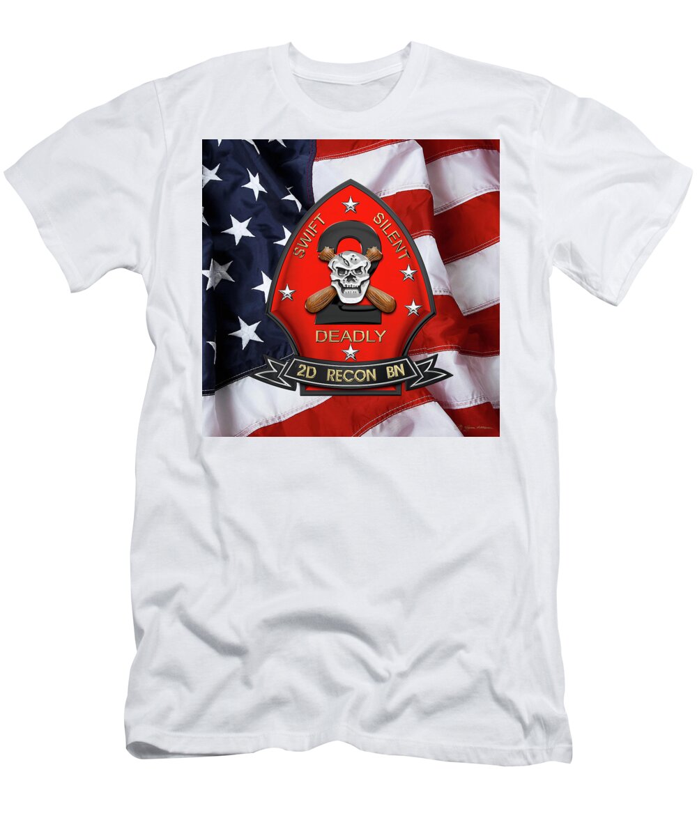 'military Insignia & Heraldry' Collection By Serge Averbukh T-Shirt featuring the digital art U S M C 2nd Reconnaissance Battalion - 2nd Recon Bn Insignia over American Flag by Serge Averbukh