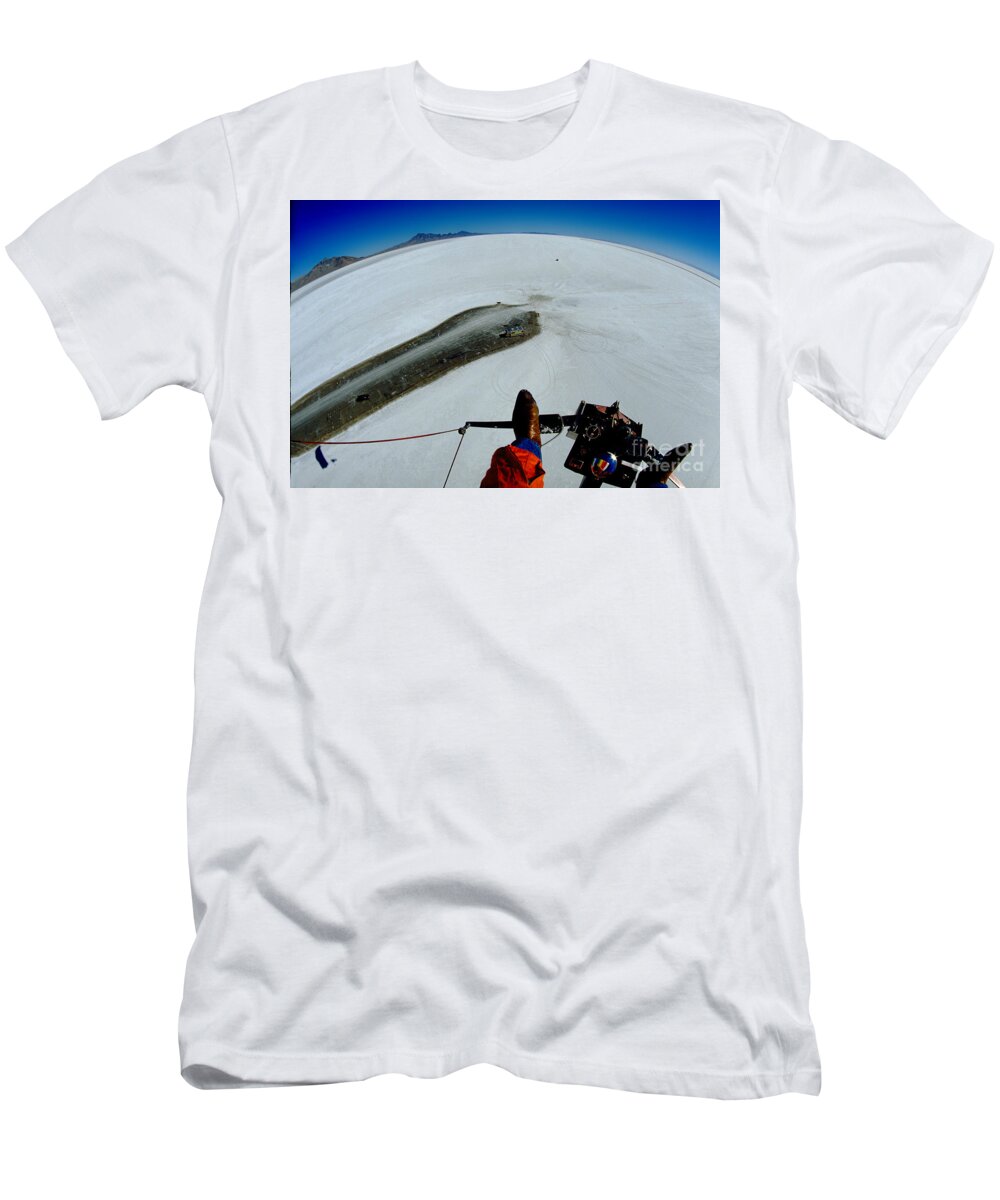Boots T-Shirt featuring the photograph Ultralight Aircraft flying over the Bonneville Salt Flats by Wernher Krutein
