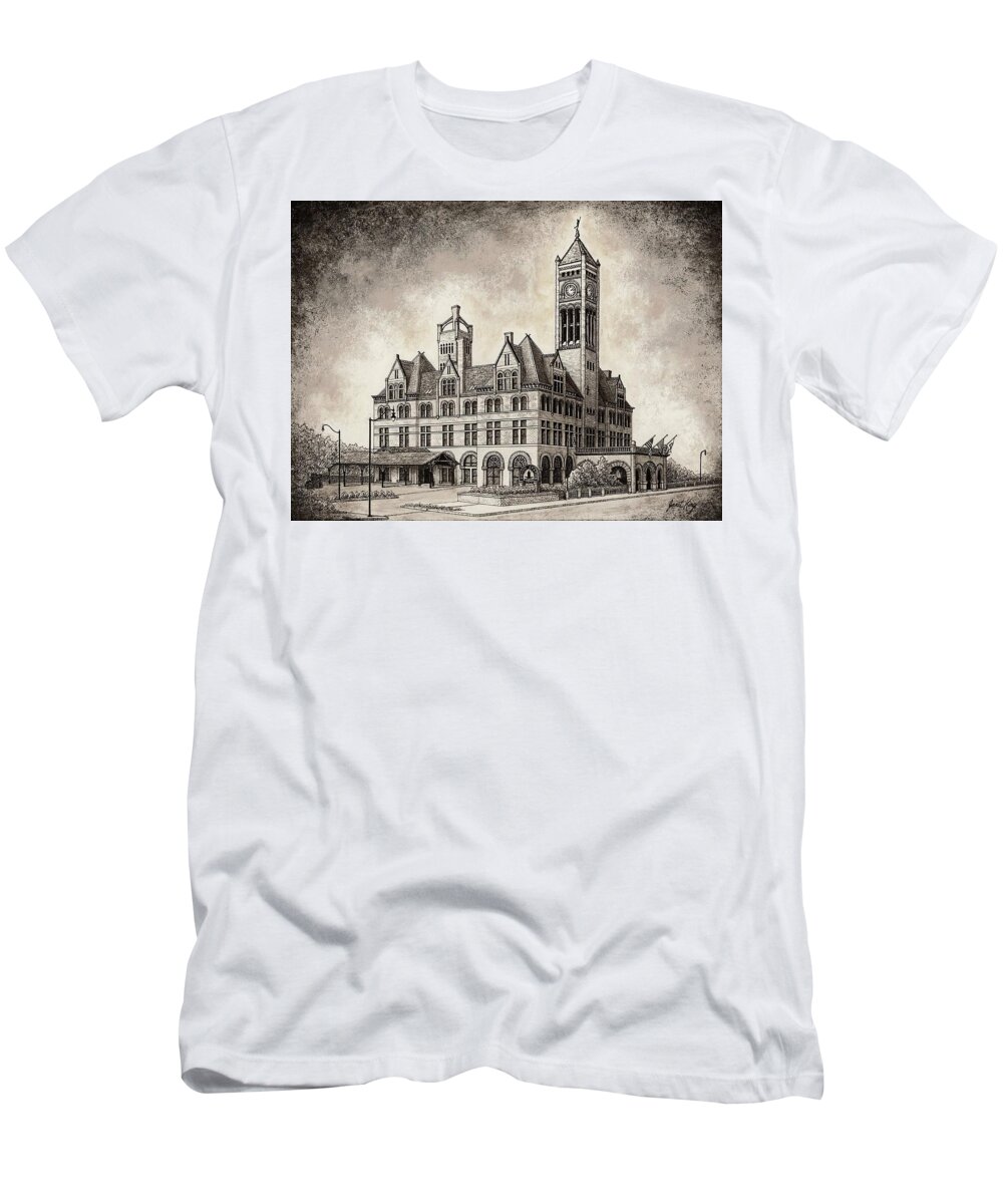 Union Station In Nashville T-Shirt featuring the drawing Union Station mixed media by Janet King