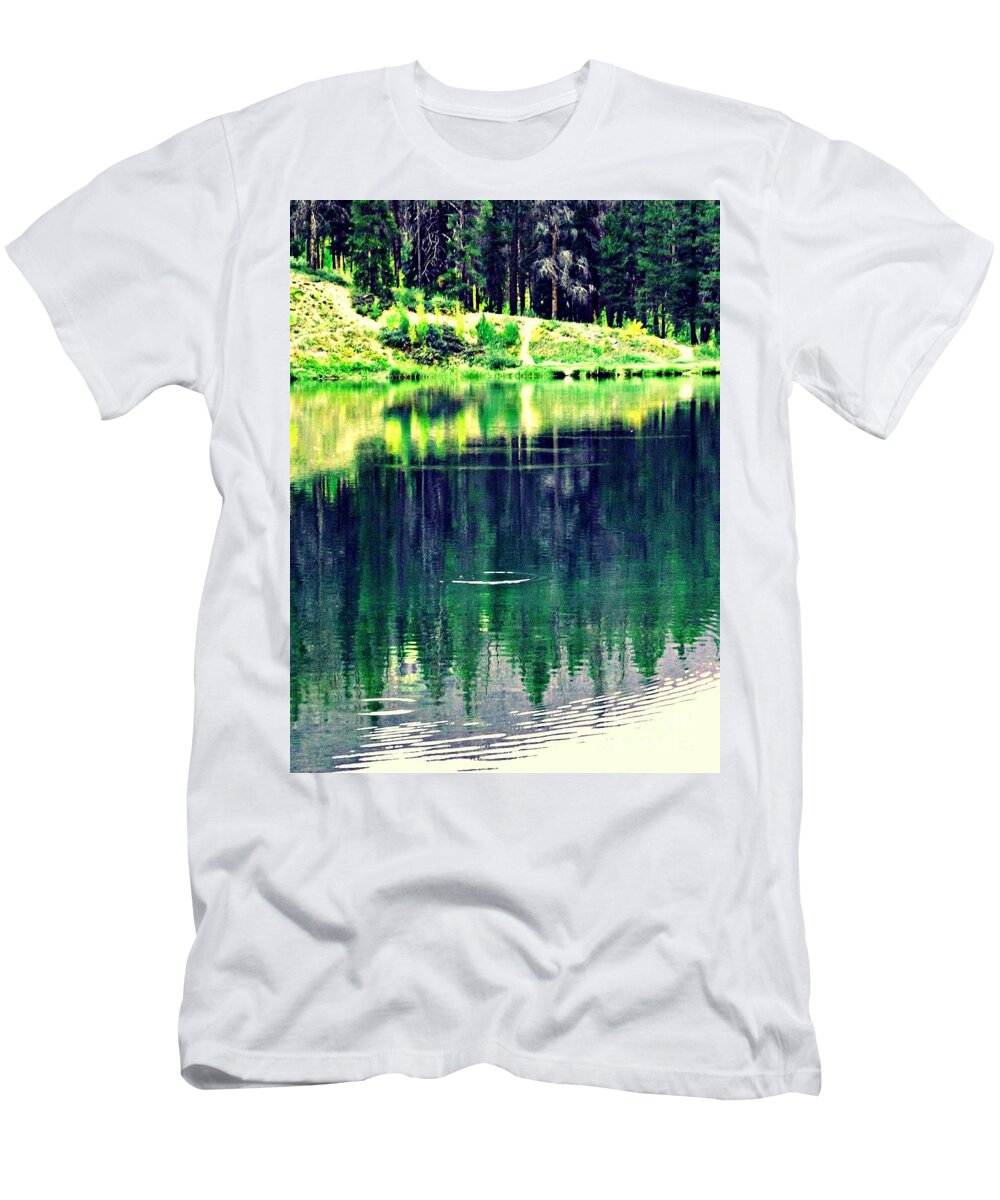  Unseen Trout Make Rings In The Water As They Feed On Tiny Flyers. Reflections From The Forest Make This Beauftiful And Calming. Seargent's Lake Off I-70 North Of Frisco Colorado T-Shirt featuring the digital art Unseen Trout Makes Rings In The Water by Annie Gibbons