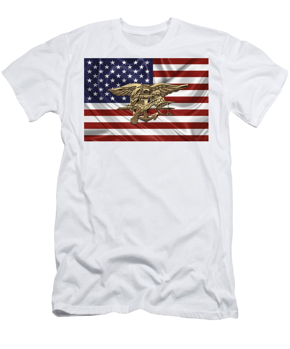'military Insignia & Heraldry - Nswc' Collection By Serge Averbukh T-Shirt featuring the digital art U.S. Navy SEALs Trident over U.S. Flag by Serge Averbukh