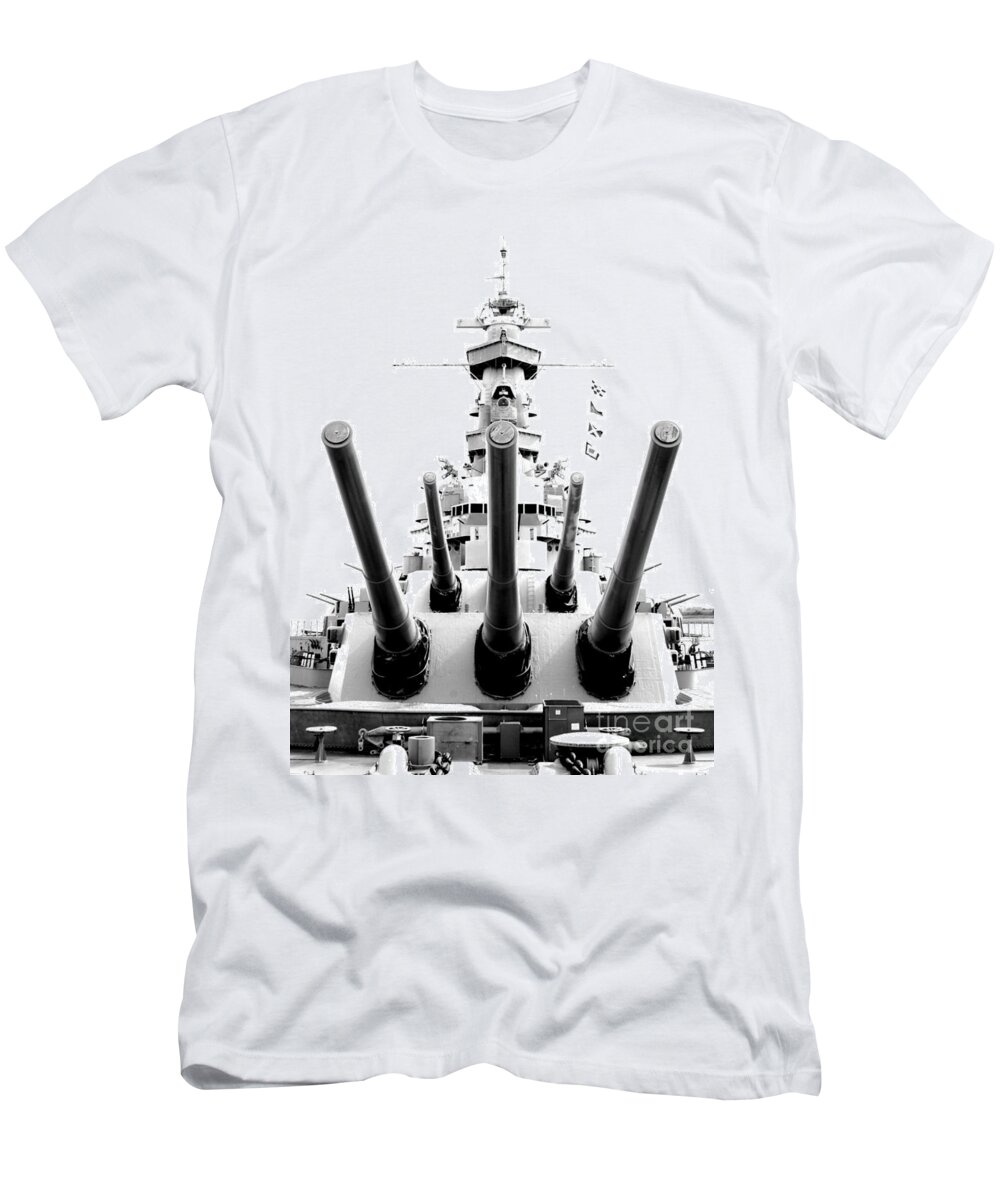 Uss Alabama T-Shirt featuring the photograph USS Alabama Battleship Guns Tower and Flags Mobile Alabama Black and White Digital Art by Shawn O'Brien