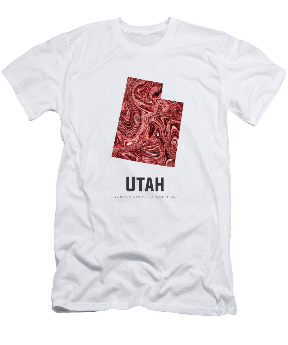 Utah T-Shirt featuring the mixed media Utah Map Art Abstract in Deep Red by Studio Grafiikka