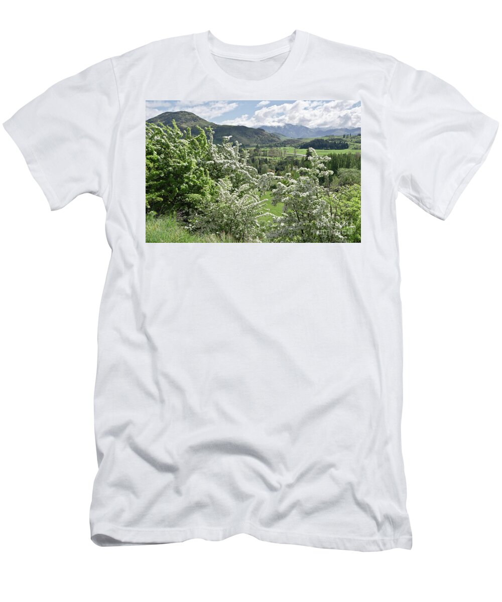 Queenstown T-Shirt featuring the photograph Valleys and Meadows of New Zealand. Springtime. Queenstown area. by Yurix Sardinelly