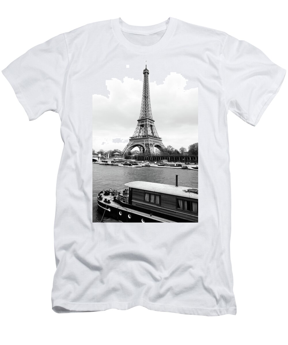 Travelpixpro T-Shirt featuring the photograph Vintage Boat Moored on the Seine River beneath Eiffel Tower Paris France Black and White by Shawn O'Brien
