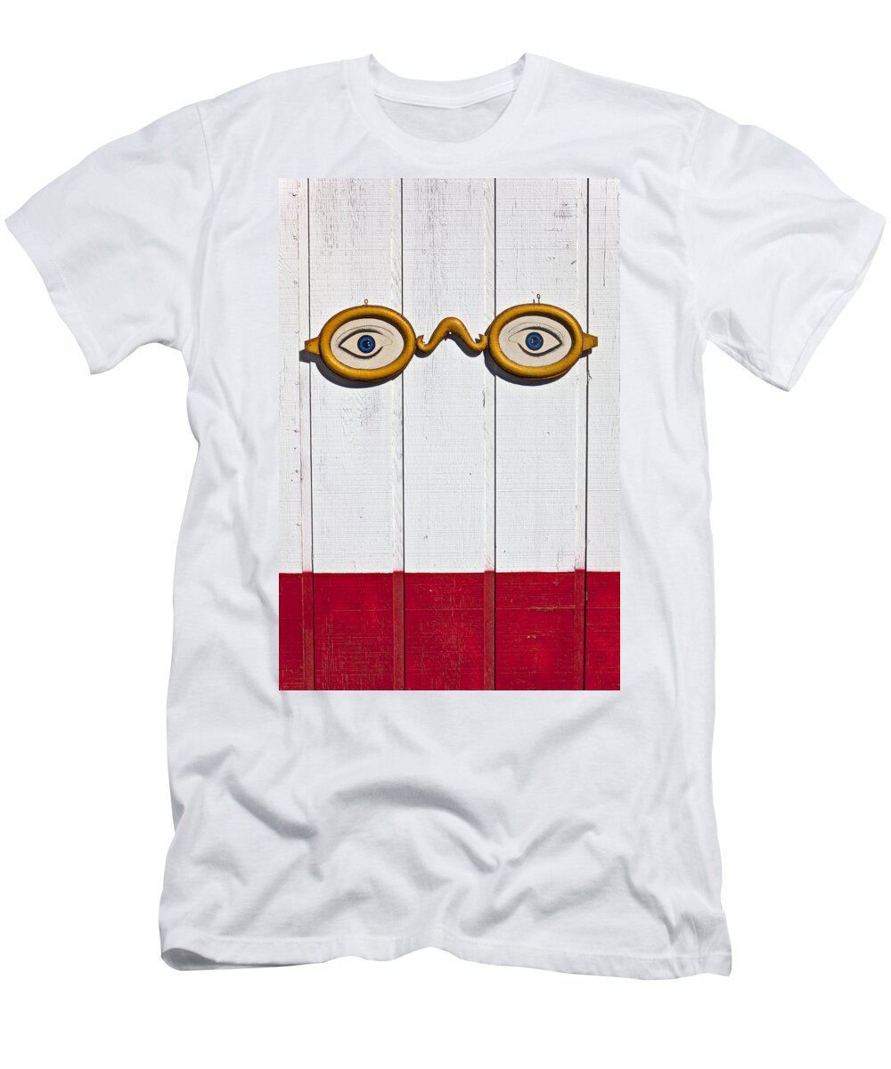 Eye Sign Glasses Wall Antique T-Shirt featuring the photograph Vintage eye sign on wooden wall by Garry Gay