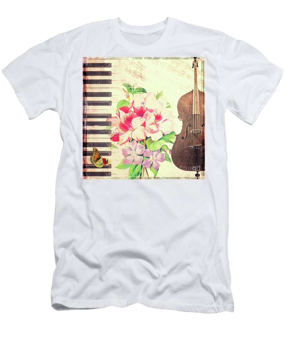 Music T-Shirt featuring the mixed media Piano and cello vintage music collage by Delphimages Photo Creations