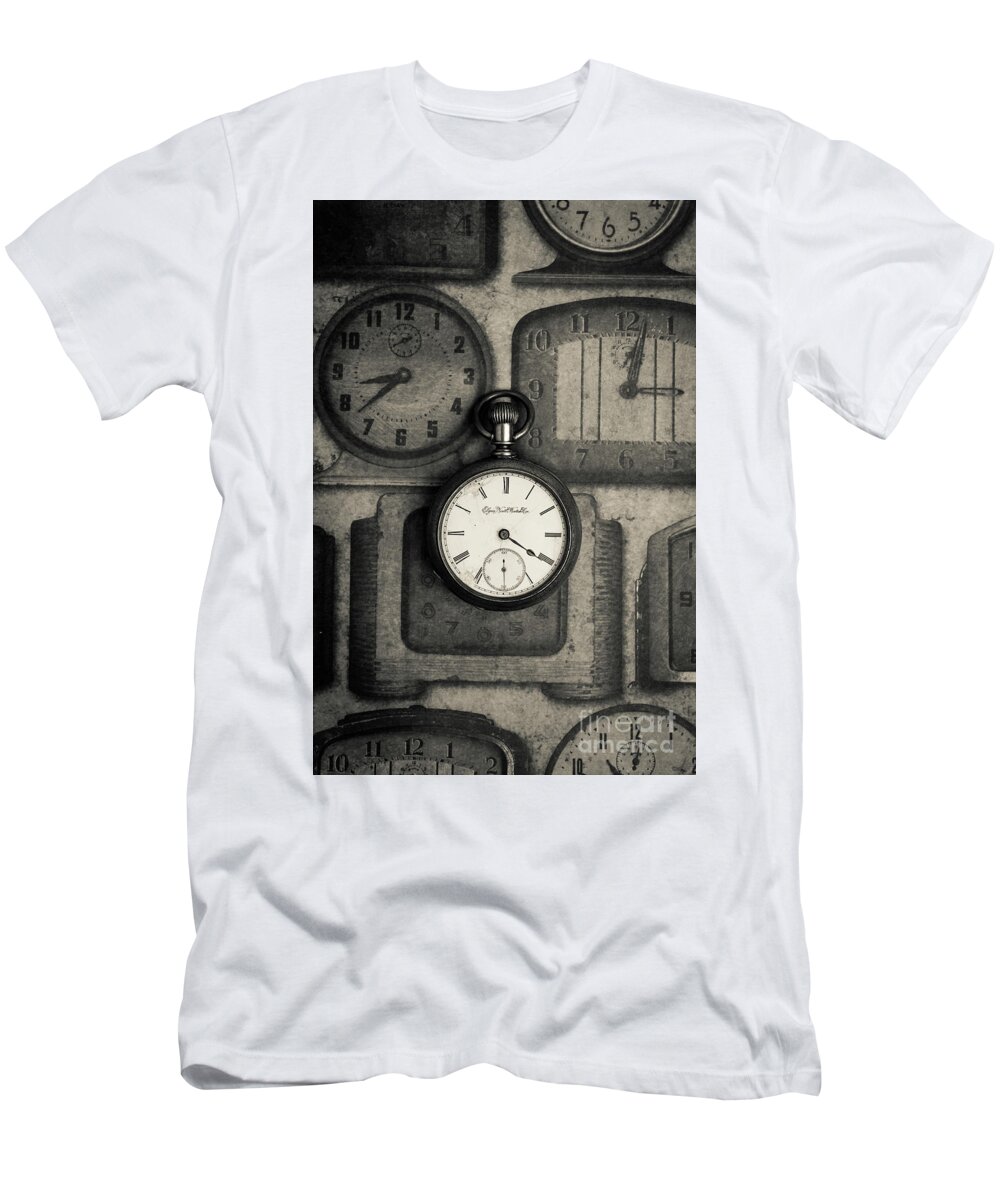 Still Life T-Shirt featuring the photograph Vintage Pocket Watch over Old Clocks by Edward Fielding