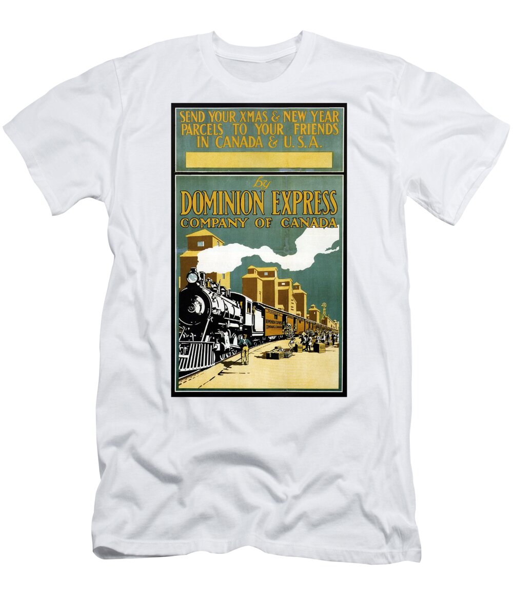 Steam Locomotive T-Shirt featuring the painting Vintage Steam Locomotive - Dominion Express - Usa and Canada - Vintage Advertising Poster by Studio Grafiikka