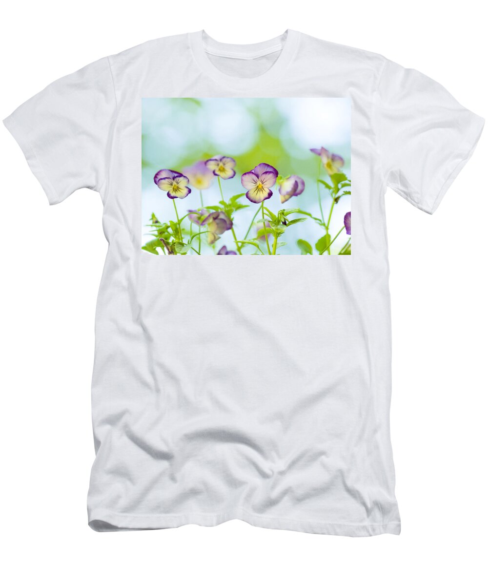 Violas On A Cool Summer Day T-Shirt featuring the photograph Violas On A Cool Summer Day by Dorothy Lee