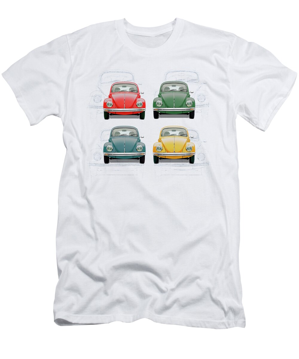 'volkswagen - Bugs And Buses' Collection By Serge Averbukh T-Shirt featuring the digital art Volkswagen Type 1 - Variety of Volkswagen Beetle on Vintage Background by Serge Averbukh