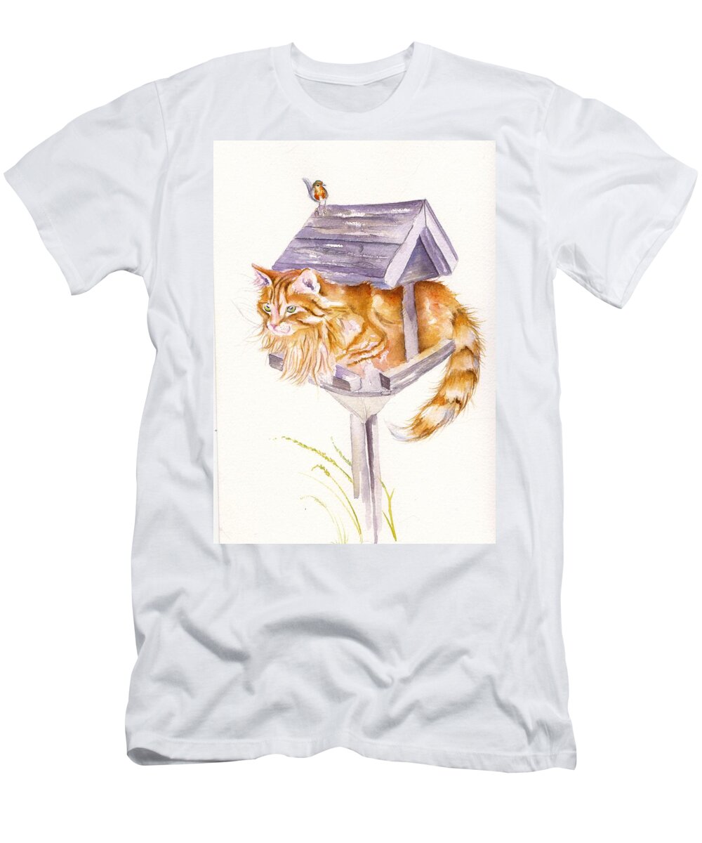 Ginger T-Shirt featuring the painting Waiting for Lunch - long haired Tabby Cat by Debra Hall