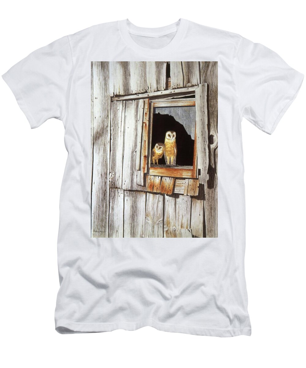 Owl T-Shirt featuring the painting Watching the World go by by Conrad Mieschke