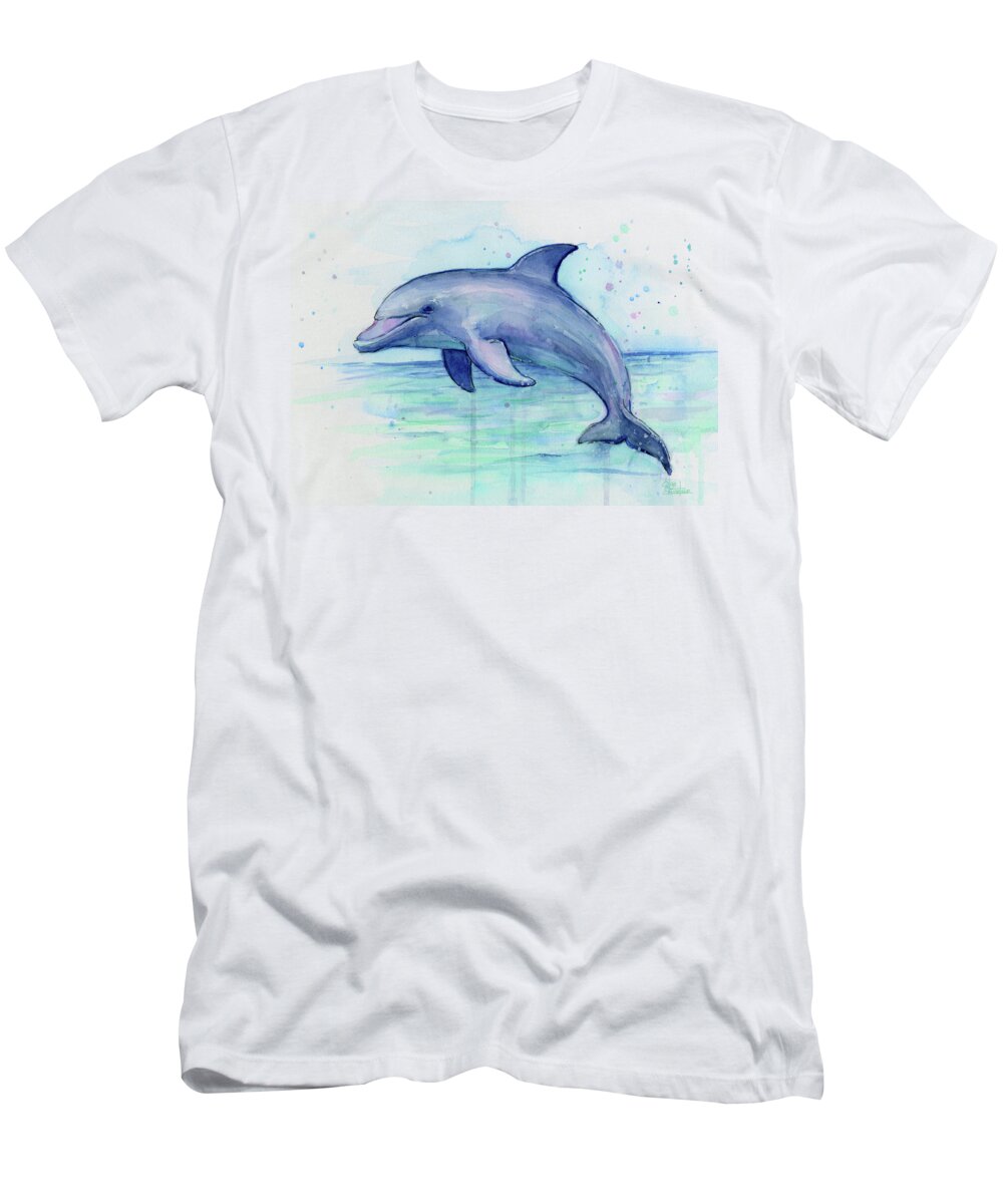 Dolphin T-Shirt featuring the painting Watercolor Dolphin Painting - Facing Right by Olga Shvartsur