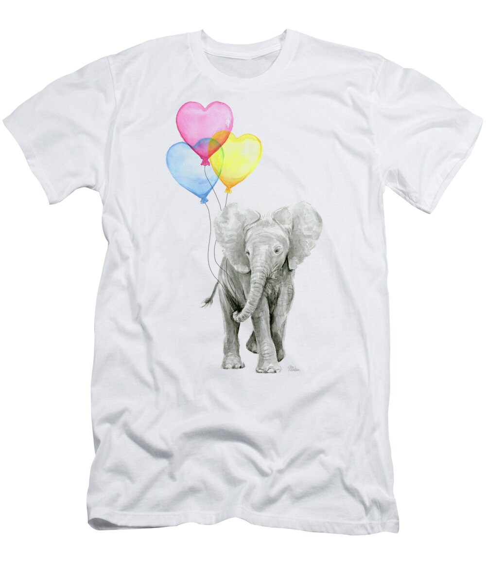 Elephant T-Shirt featuring the painting Watercolor Elephant with Heart Shaped Balloons by Olga Shvartsur