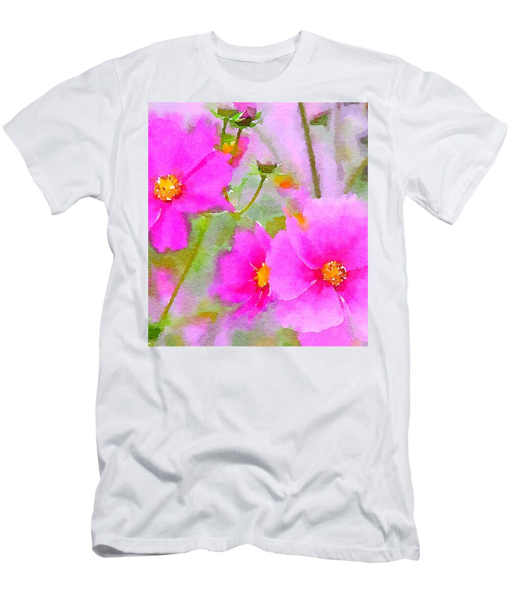 Watercolor Floral T-Shirt featuring the painting Watercolor Pink Cosmos by Bonnie Bruno